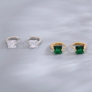 Elegant geometric square zircon huggie earrings in emerald green and clear stones