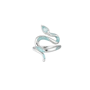 S925 silver snake ring with ice blue enamel and teardrop zircon in a wrap-around design