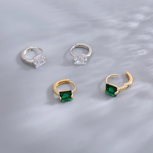 Elegant emerald and clear square zircon huggie hoop earrings in gold and silver finish