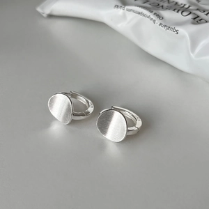 Minimalist S925 sterling silver brushed round disk hoop earrings with matte metal texture