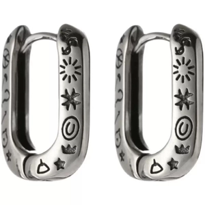 S925 silver U-shaped hoop earrings with vintage engraved graffiti symbols for women