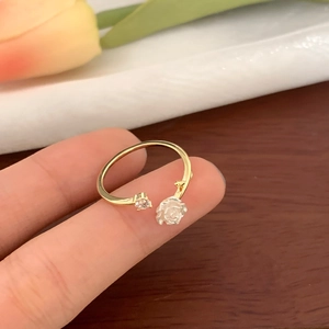 Adjustable gold flower ring with white camellia and sparkling zircon for women