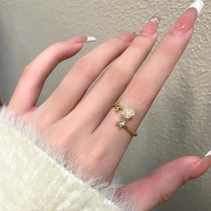 Elegant White Camellia Flower Open Ring French Vintage Adjustable Copper Zirconia Finger Ring Stylish Jewelry For Women