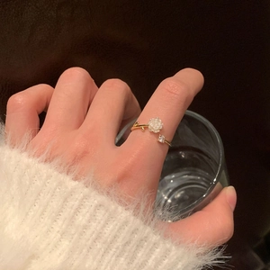 Golden white camellia open ring with zircon inlay for women in natural floral style