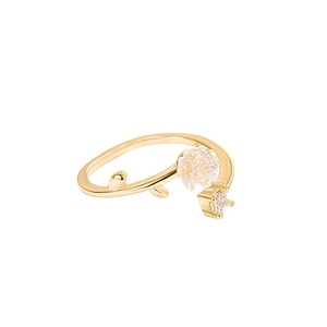Golden camellia open ring with zircon and frosted rose detail on white background