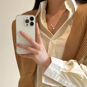 Heart Pendant Necklace Silver Plated Copper Minimalist Textured Beads Clavicle Chain Trendy Jewelry Accessory For Women