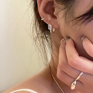 S925 sterling silver geometric zircon hoop earrings and ear cuff set on model
