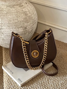 Vintage PU Leather Half Moon Underarm Bag For Women Fashion Gold Chain Crossbody Shoulder Bag With Circle Twist Lock Hobo Bag