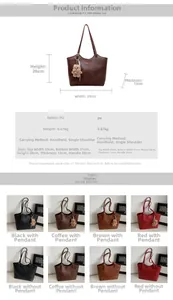 Detailed size chart and dimensions of the large vintage PU leather tote bag