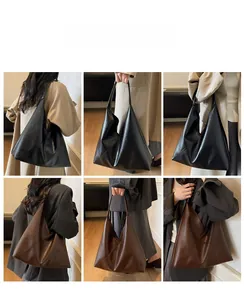 Collage of black and brown leather tote bags shown on models for various styling options