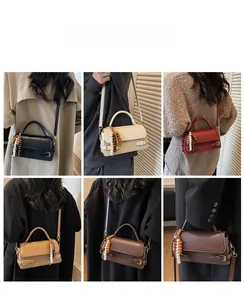 Six colors of vintage matte small square handbags shown across various fashion outfits