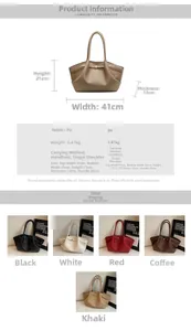 Detailed chart showing PU leather tote bag specs, weight 0.47kg, and five color options