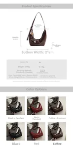 Detailed size chart and specifications for the vintage PU leather crescent hobo bag