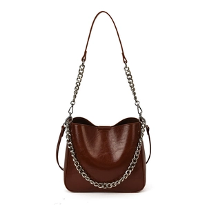 Dark brown leather shoulder bag with stylish silver chain and adjustable long strap