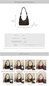 Detailed size specifications and material chart for the vintage PU leather tote bag