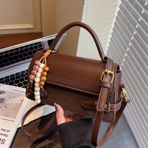 Vintage Women Small Square Bag PU Leather Patchwork Crossbody Bag With Wooden Bead Charm Fashion Handbag Retro Shoulder Bag