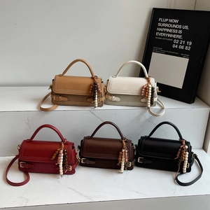 Vintage matte leather small square handbag with bead charm in five assorted colors