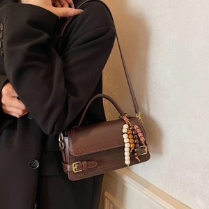 Retro dark brown frosted handbag with gold buckle and beaded charm for women