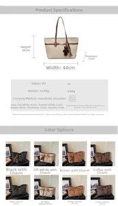 Detailed size and color chart for large capacity tote bag featuring 4 classic colors