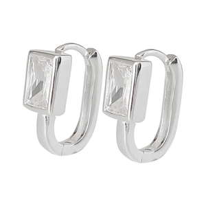 Minimalist S925 silver geometric hoop earrings featuring a clear rectangular zircon stone