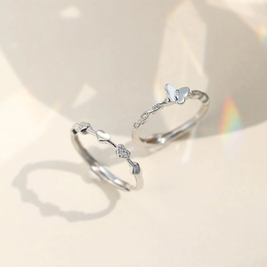 S925 silver butterfly and heart rings set with micro-pave crystals and rainbow light