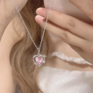 Rosa Herzkette Mit 925 Sterling Silber Anhänger Hohl Kupfer Schlüsselbeinkette Süßes Stern Detail Schmuck Für Damen