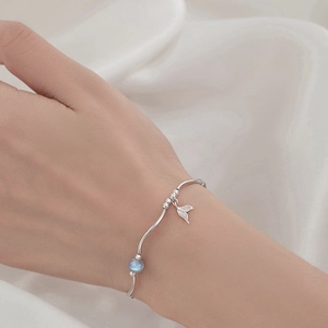 Bracelet Künstliche Perle Queue De Poisson Minimaliste Avec Pierre De Lune Argent Sterling 925 Thème Océan Bijoux Femme