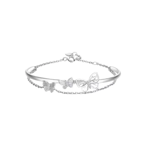 Double-layered S925 silver butterfly bracelet with sleek bangle and tassel chain design
