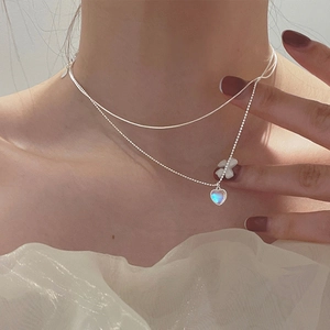 Double-layered S925 silver necklace with heart moonstone pendant on bead and snake chains