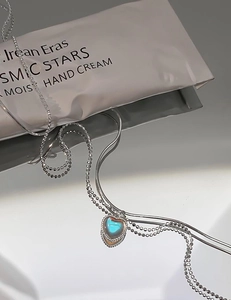 Double layered S925 silver heart necklace with blue iridescent moonstone pendant