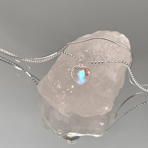 Double-layered S925 silver necklace with heart moonstone pendant on pink crystal