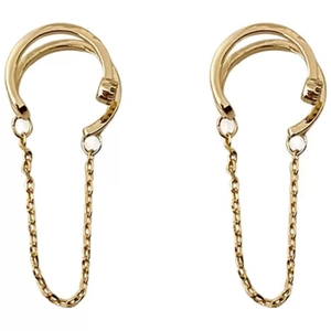 Minimalistischer S925 Silber Doppel-Ohrclip mit goldener Kette Quasten auf weißem Grund