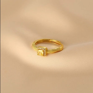 Square Yellow Zircon Adjustable Ring Copper Gold Plated Halo Woven Band Fashion Jewelry For Women