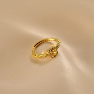 S925 silver gold-tone ring with square yellow gemstone in halo setting and woven band