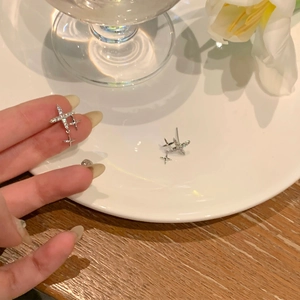 Sparkling S925 silver airplane cross earrings with rhinestone inlay for women