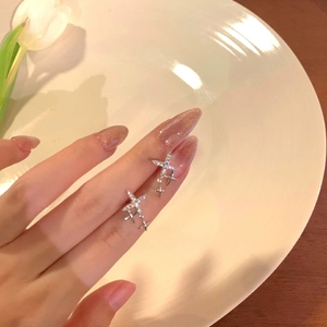 Sparkling S925 silver star stud earrings with white zircons held by hand near tulip