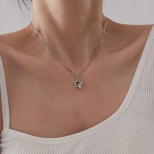 Gros plan du collier chaîne serpent argenté avec pendentif étoile en zircon rose sur le cou