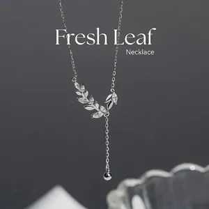 Elegant S925 silver leaf tassel Y-shaped necklace with shimmering zircons for women