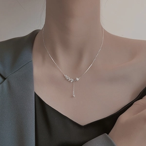 Wheat Ear Leaf Pendant Necklace Silver Plated Copper Marquise Zircon Y-Shaped Tassel Clavicle Chain Elegant Jewelry