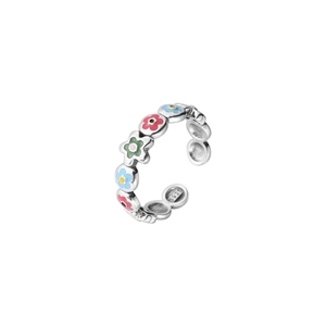 Cute S925 sterling silver open ring with colorful enamel flower patterns and hallmarks