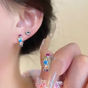 Colorful Zircon Huggie Hoop Earrings Copper Electroplated With Silver Earring Post Dainty Sweet Jewelry For Women Girls Daily Wear