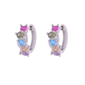 Silver huggie earrings with five colorful round-cut gemstones on white background