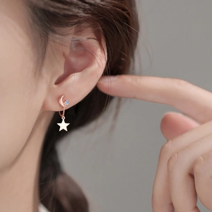 Minimalist S925 silver star and moon earrings with blue zircon in rose gold plating