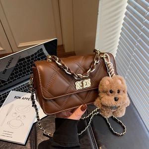Women Quilted Crossbody Bag Synthetic Leather Chain Shoulder Bag Square Fashion Handbag With Plush Animal Pendant For Lady