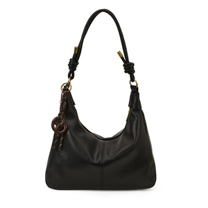 Classic black leather hobo shoulder bag with knotted strap and gold hardware accents
