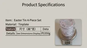 Detailed view of four Easter bunny tinplate boxes on scale showing weight specifications