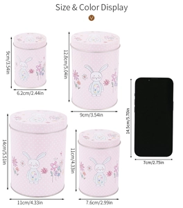 Size comparison of four pink Easter bunny tin canisters with dimensions for gift storage