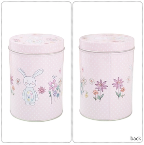 Front and back views of pink Easter bunny tin container with floral pattern and metal lid