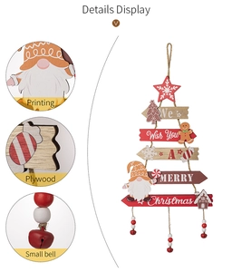 Detail showing plywood Christmas tree ornament with colorful prints and small bells