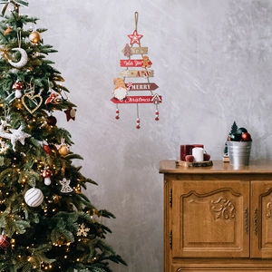 Hanging wooden Christmas tree sign with gingerbread man and gnome characters